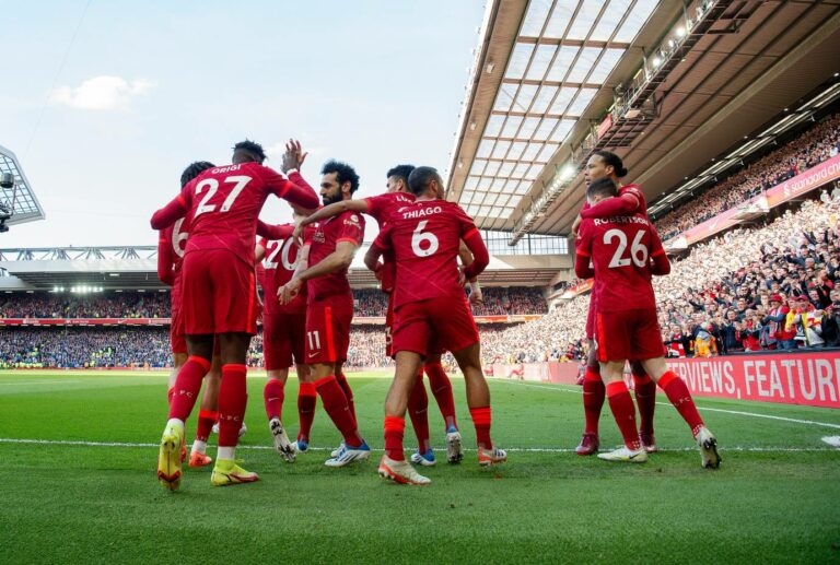 Liverpool players celebrate after Divock Origi strike