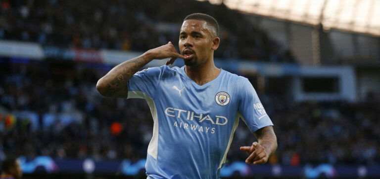 Soccer Football - Champions League - Semi Final - First Leg - Manchester City v Real Madrid - Etihad Stadium, Manchester, Britain - April 26, 2022 Manchester City's Gabriel Jesus celebrates scoring their second goal REUTERS/Craig Brough