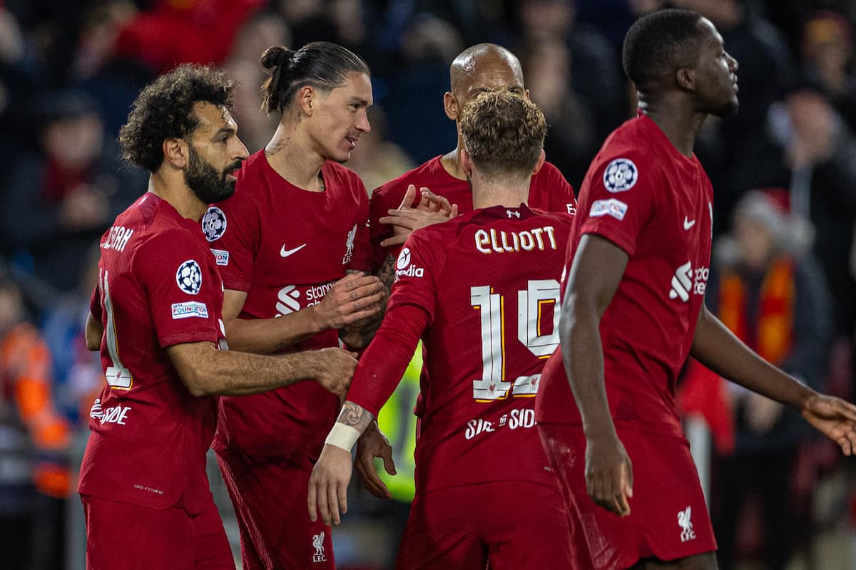 Darwin Nunez, Mohamed Salah, Harvey Elliott, Fabinho and Ibrahima Konate