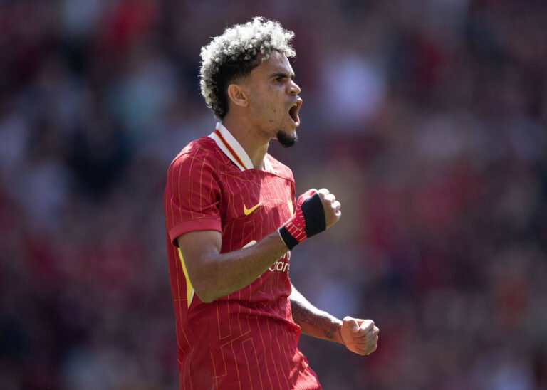 Liverpool v Sevilla - Pre-Season Friendly LIVERPOOL, ENGLAND - AUGUST 11: Luis Diaz of Liverpool celebrates scoring his
