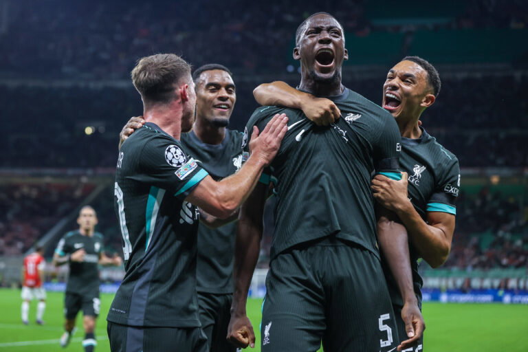 Ibrahima Konate of Liverpool FC celebrates with his team mates after scoring a goal during UEFA Champions League 2024/25