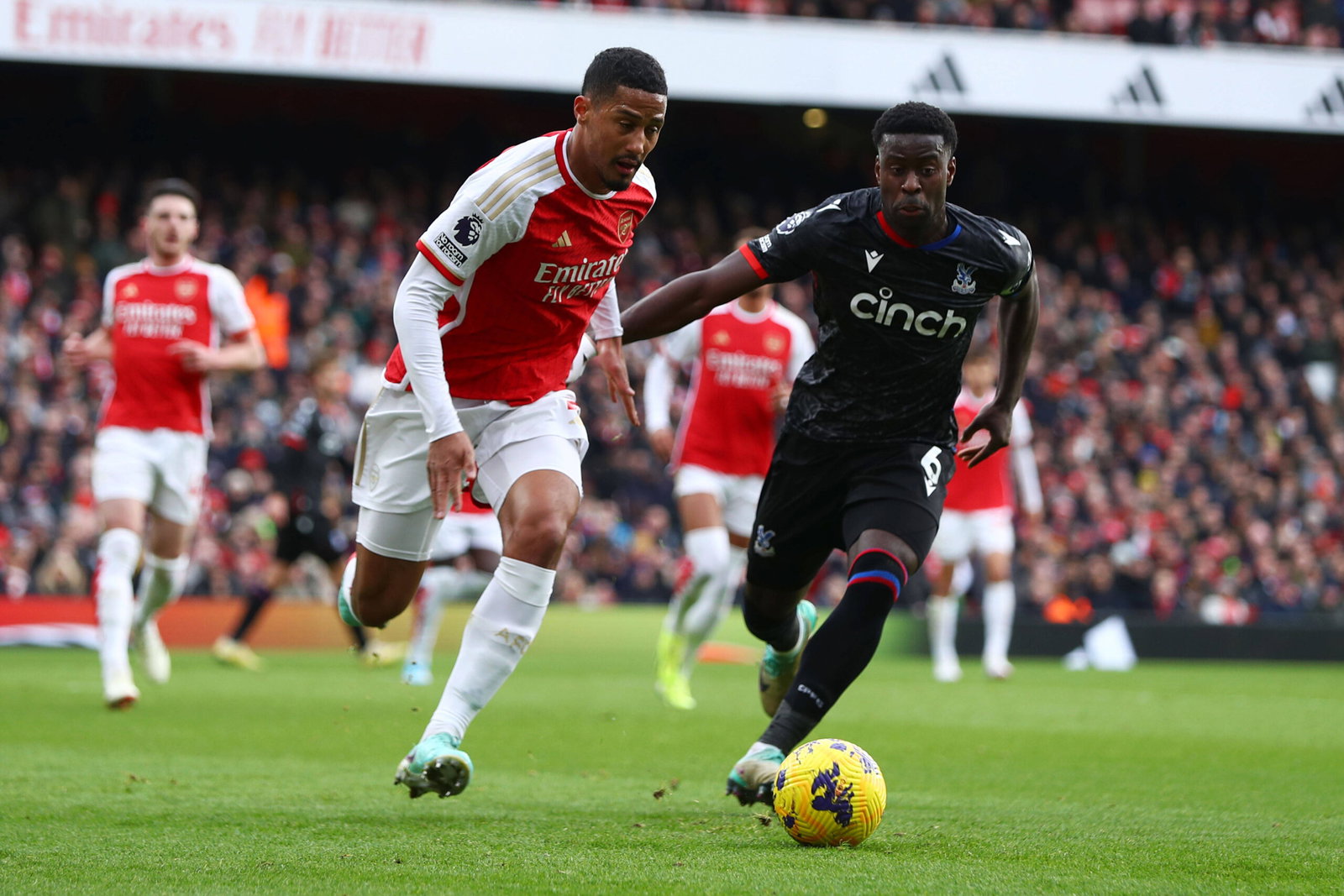 Arsenal v Crystal Palace, London, UK - 20 Jan 2024 William Saliba of Arsenal is pressured by Marc Guehi of Crystal Palac
