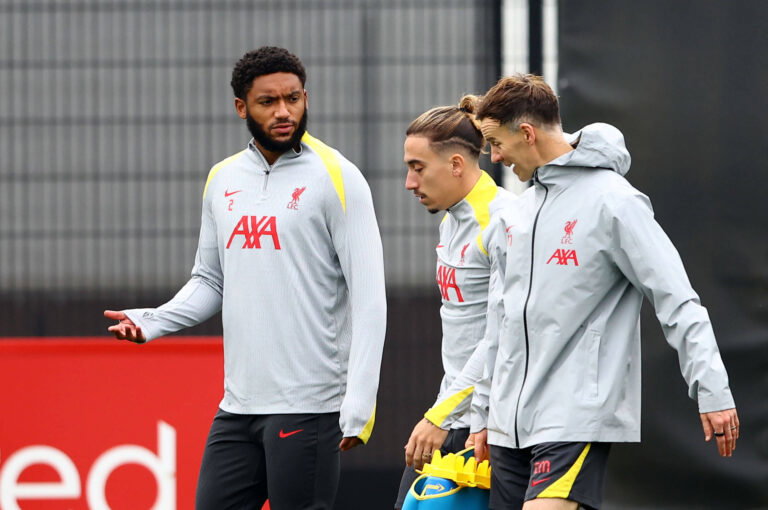 Liverpool at AXA Training Centre, Liverpool. Joe Gomez of Liverpool talks to Kostas Tsimikas of Liverpool during a train