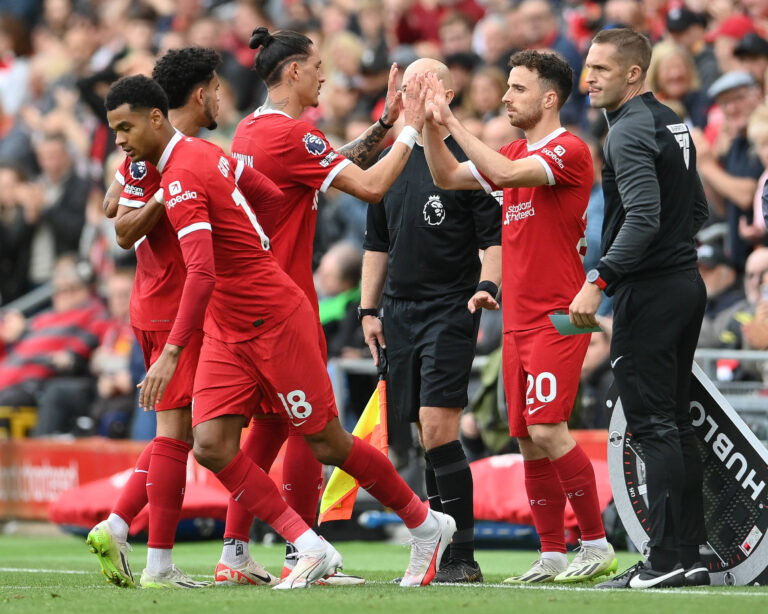 Liverpool, England, 24th September 2023. Darwin Nunez and Luis Diaz of Liverpool are taken off for Cody Gakpo and Diogo
