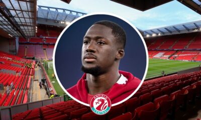 Ibrahima Konate in a circular insert with Liverpool in the background.