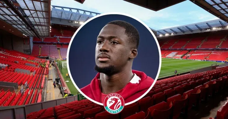 Ibrahima Konate in a circular insert with Liverpool in the background.
