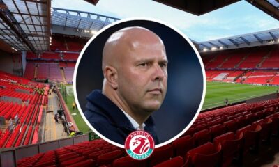 Liverpool manager Arne Slot in a circular insert with Anfield in the background.