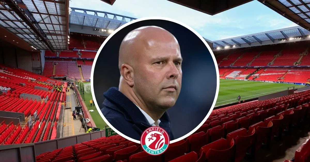 Liverpool manager Arne Slot in a circular insert with Anfield in the background.