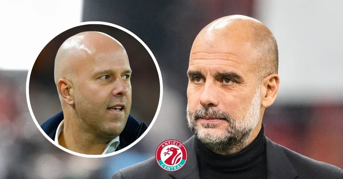 Manchester City manager Pep Guardiola looking at Liverpool manager Arne Slot in a circular insert.