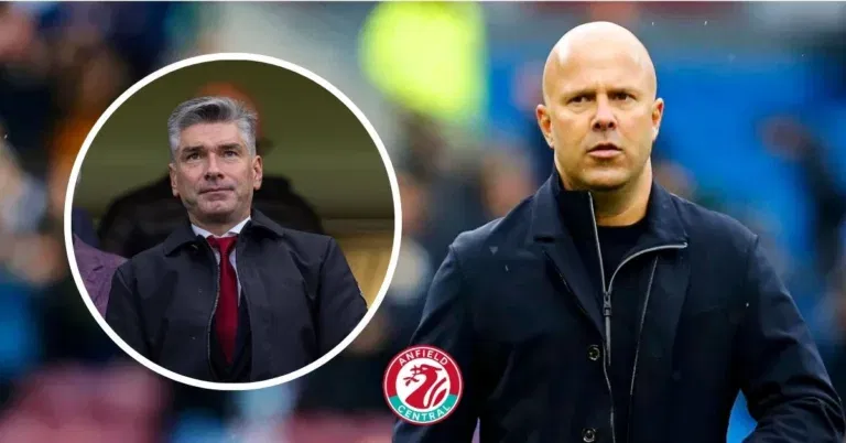 Richard Hughes in a circular insert, Liverpool manager Arne Slot.