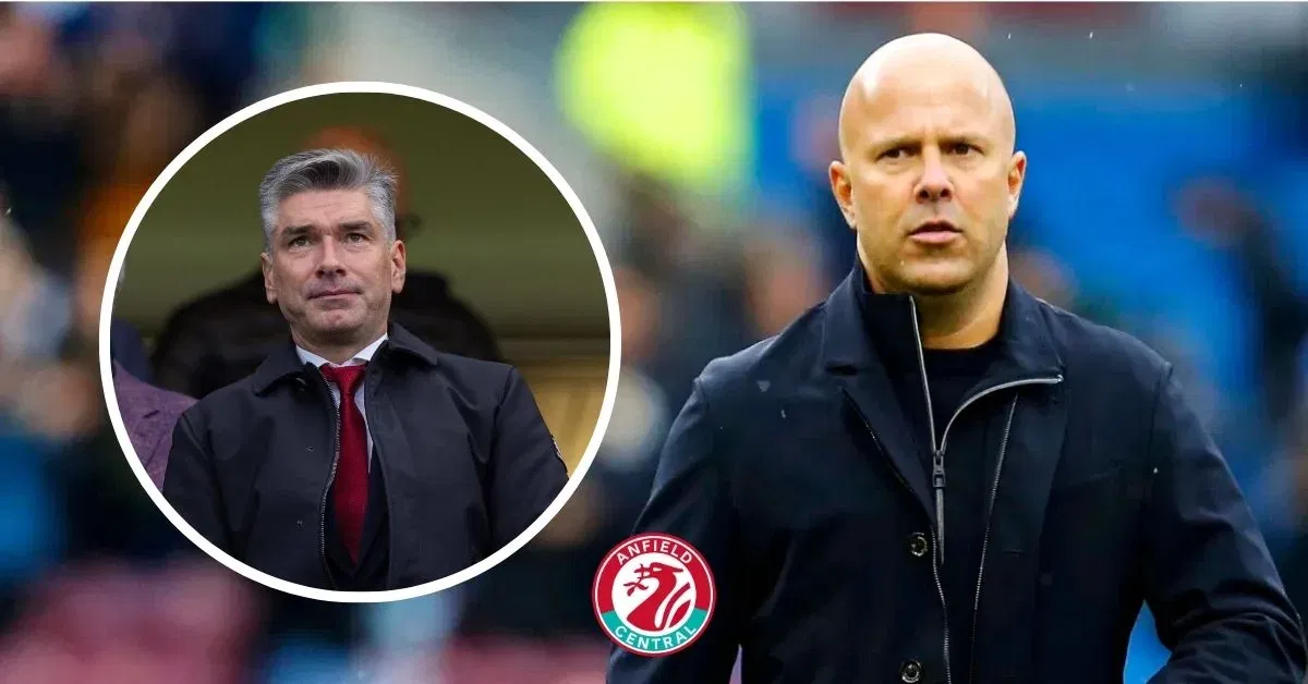 Richard Hughes in a circular insert, Liverpool manager Arne Slot.