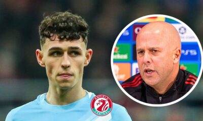 Phil Foden in action for Manchester City, Liverpool manager Arne Slot in a circular insert.