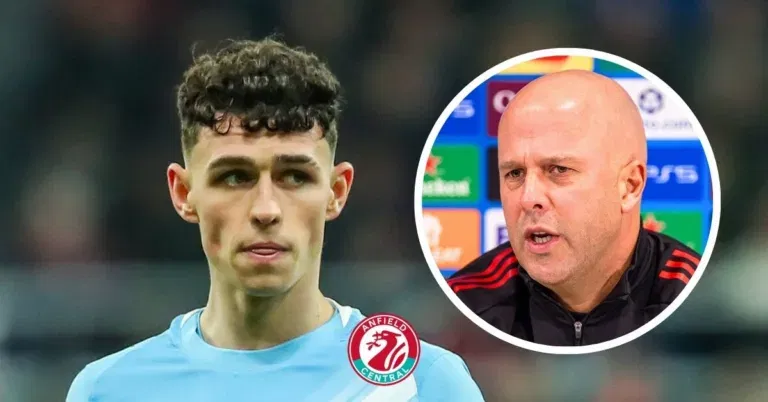 Phil Foden in action for Manchester City, Liverpool manager Arne Slot in a circular insert.