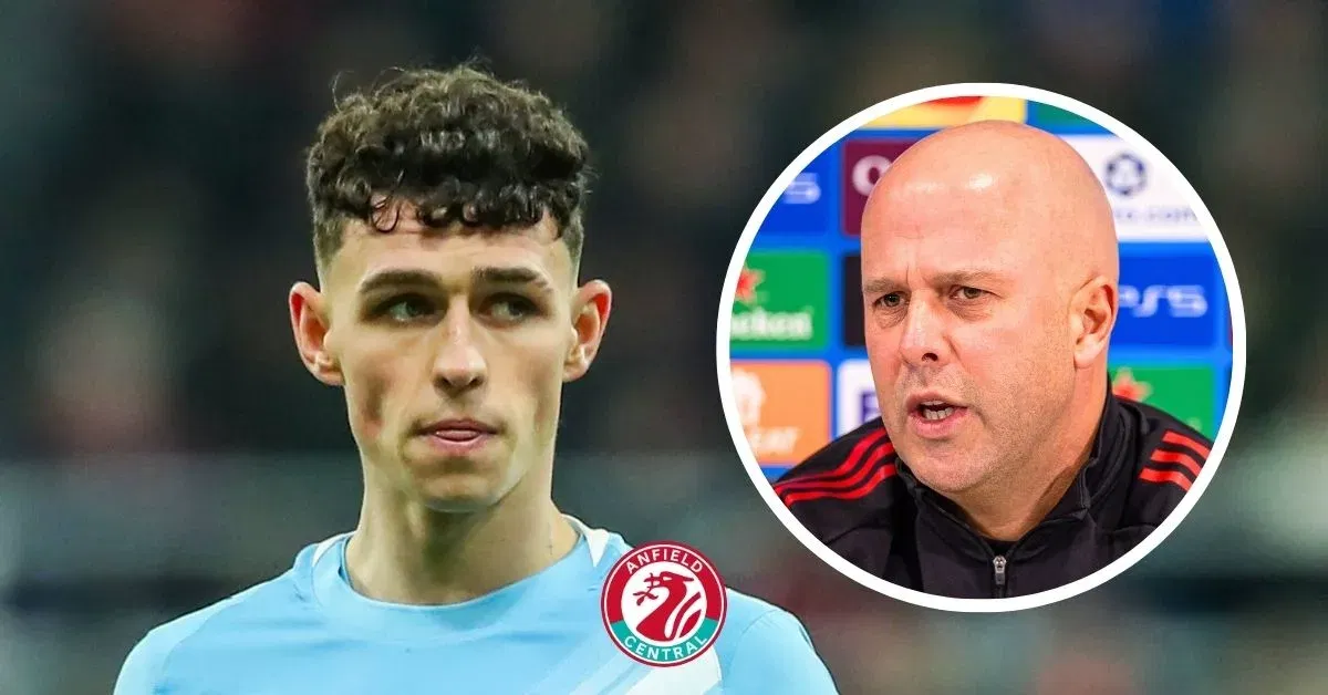 Phil Foden in action for Manchester City, Liverpool manager Arne Slot in a circular insert.