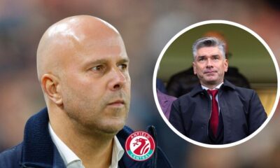 Liverpool manager Arne Slot looking at sporting director Richard Hughes in a circular insert.