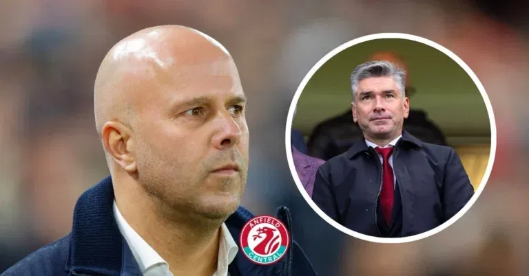 Liverpool manager Arne Slot looking at sporting director Richard Hughes in a circular insert.