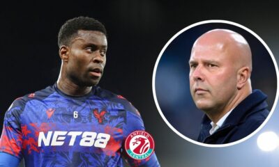 Marc Guehi in action for Crystal Palace looking towards Liverpool manager Arne Slot in a circular insert.