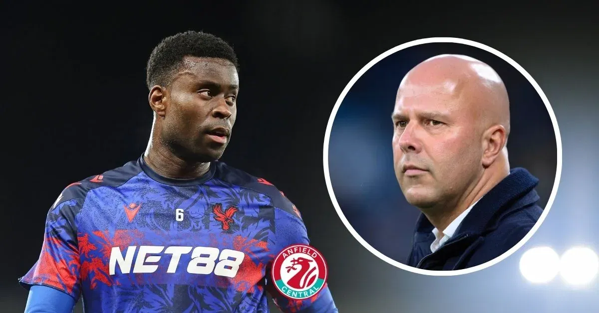 Marc Guehi in action for Crystal Palace looking towards Liverpool manager Arne Slot in a circular insert.