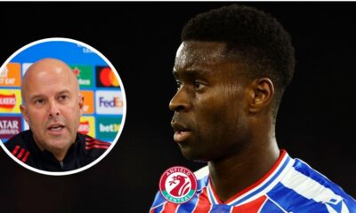 Marc Guehi in action for Crystal Palace looking at Liverpool manager Arne Slot in a circular insert.