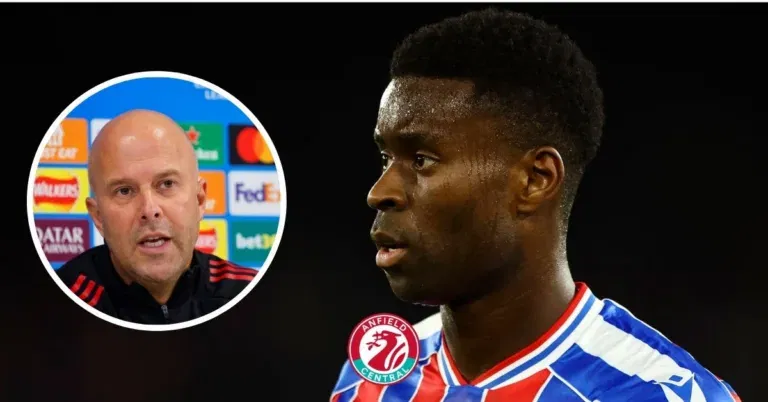 Marc Guehi in action for Crystal Palace looking at Liverpool manager Arne Slot in a circular insert.