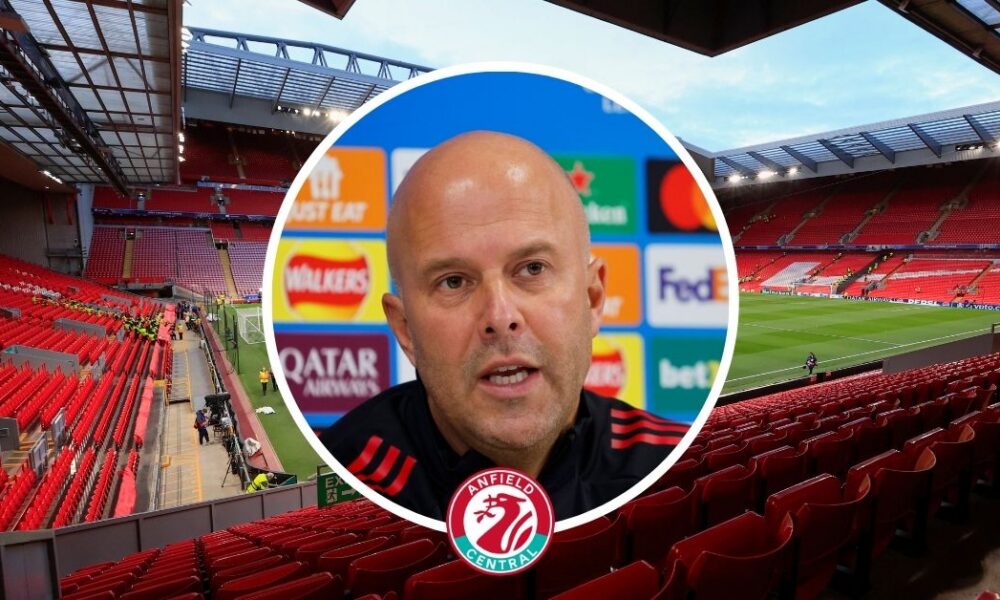 Liverpool manager Arne Slot in a circular insert with Anfield in the background.