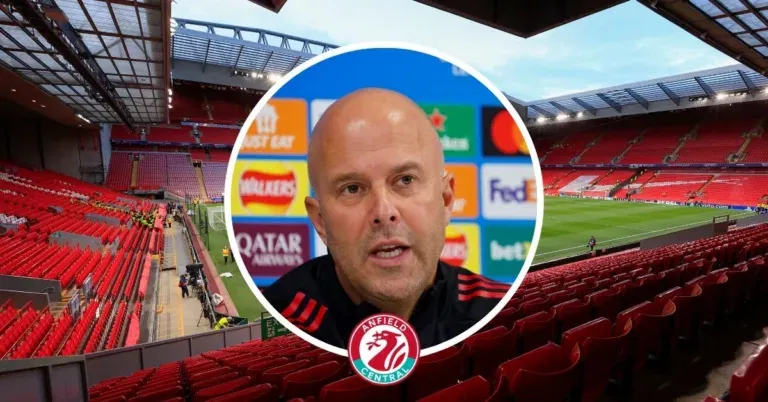 Liverpool manager Arne Slot in a circular insert with Anfield in the background.