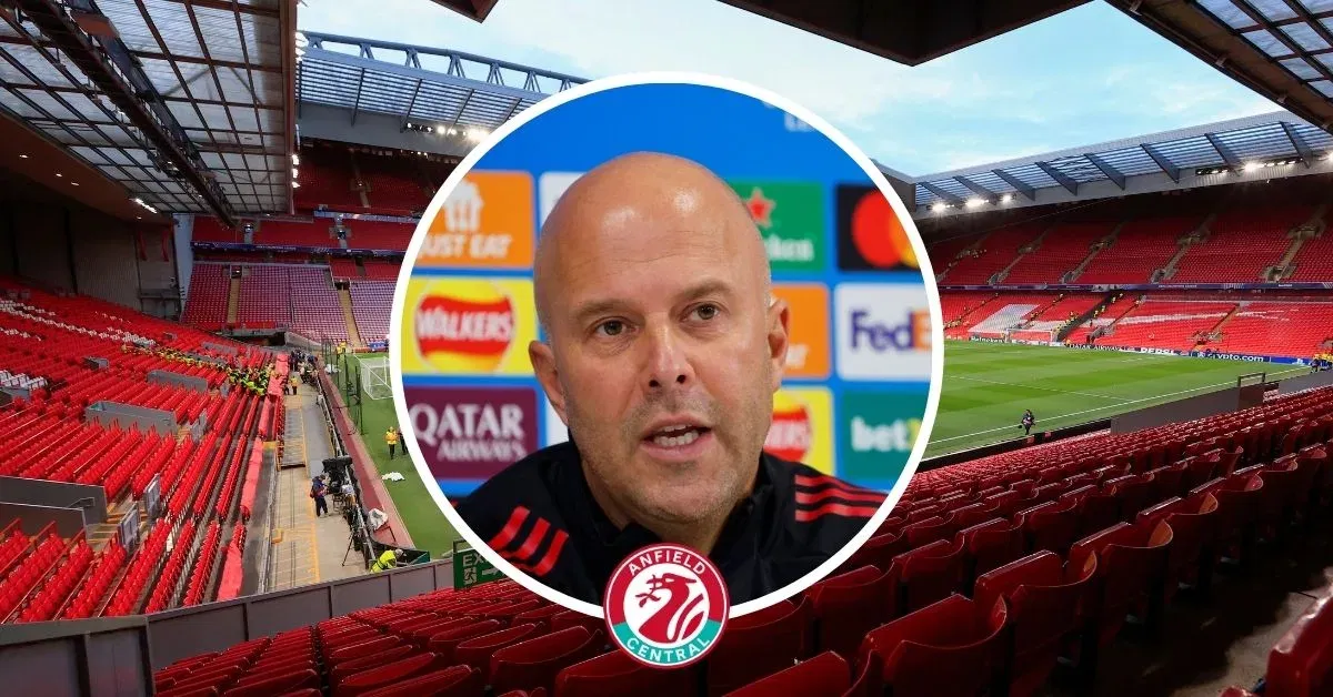 Liverpool manager Arne Slot in a circular insert with Anfield in the background.