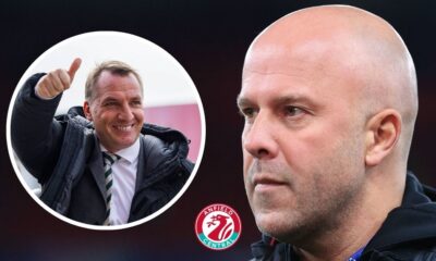 Liverpool manager Arne Slot looking at Brendan Rodgers in a circular insert.