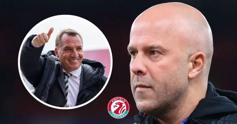 Liverpool manager Arne Slot looking at Brendan Rodgers in a circular insert.