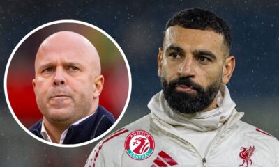 Mohamed Salah looking at Arne Slot in a circular insert.