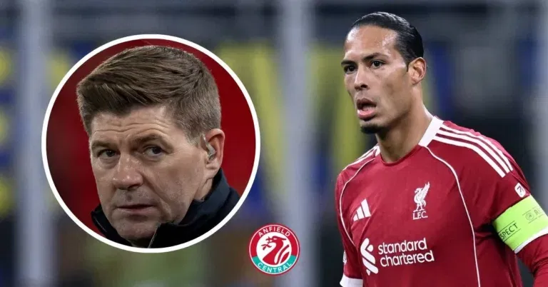 Steven Gerrard in a circular insert, Virgil van Dijk in action for Liverpool.