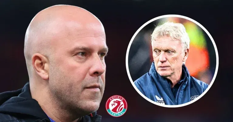 Liverpool manager Arne Slot looking at Everton manager David Moyes in a circular insert.