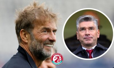 Former Liverpool manager Jurgen Klopp looking at Richard Hughes in a circular insert.