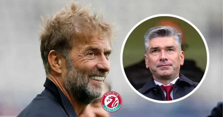 Former Liverpool manager Jurgen Klopp looking at Richard Hughes in a circular insert.