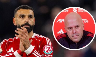 Mohamed Salah applauding, Arne Slot in a circular insert.