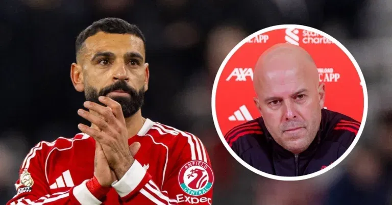 Mohamed Salah applauding, Arne Slot in a circular insert.