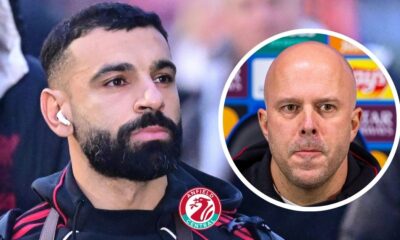 Mohamed Salah looking at Arne Slot in a circular insert.