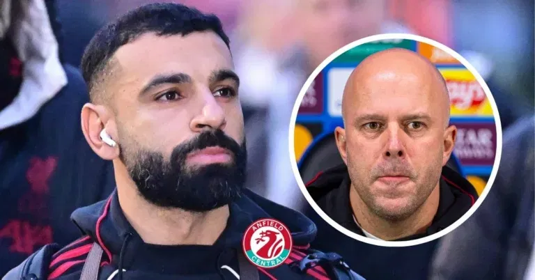 Mohamed Salah looking at Arne Slot in a circular insert.