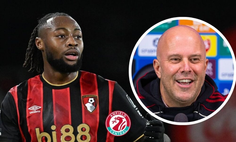 Antoine Semenyo in action for Bournemouth looking at Liverpool manager Arne Slot in a circular insert.