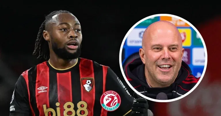 Antoine Semenyo in action for Bournemouth looking at Liverpool manager Arne Slot in a circular insert.