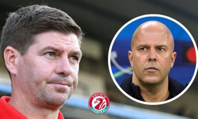 Steven Gerrard looking at Liverpool manager Arne Slot in a circular insert.