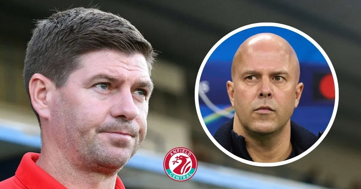 Steven Gerrard looking at Liverpool manager Arne Slot in a circular insert.